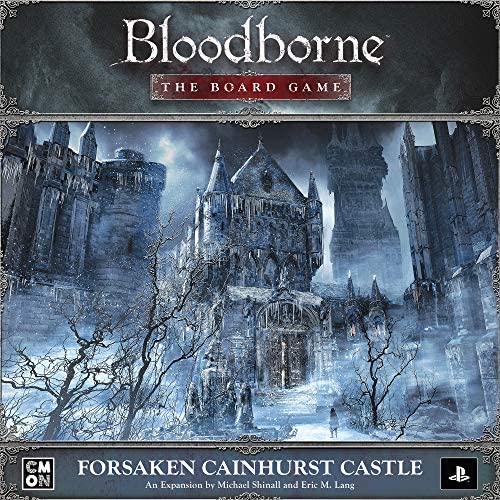 The cover art for Cool Mini Or Not’s Bloodborne: The Board Game Forsaken Cainhurst Castle Expansion shows a dark, gothic castle amid snow and leafless trees, perfectly evoking the cold, mysterious world of this chilling new expansion.