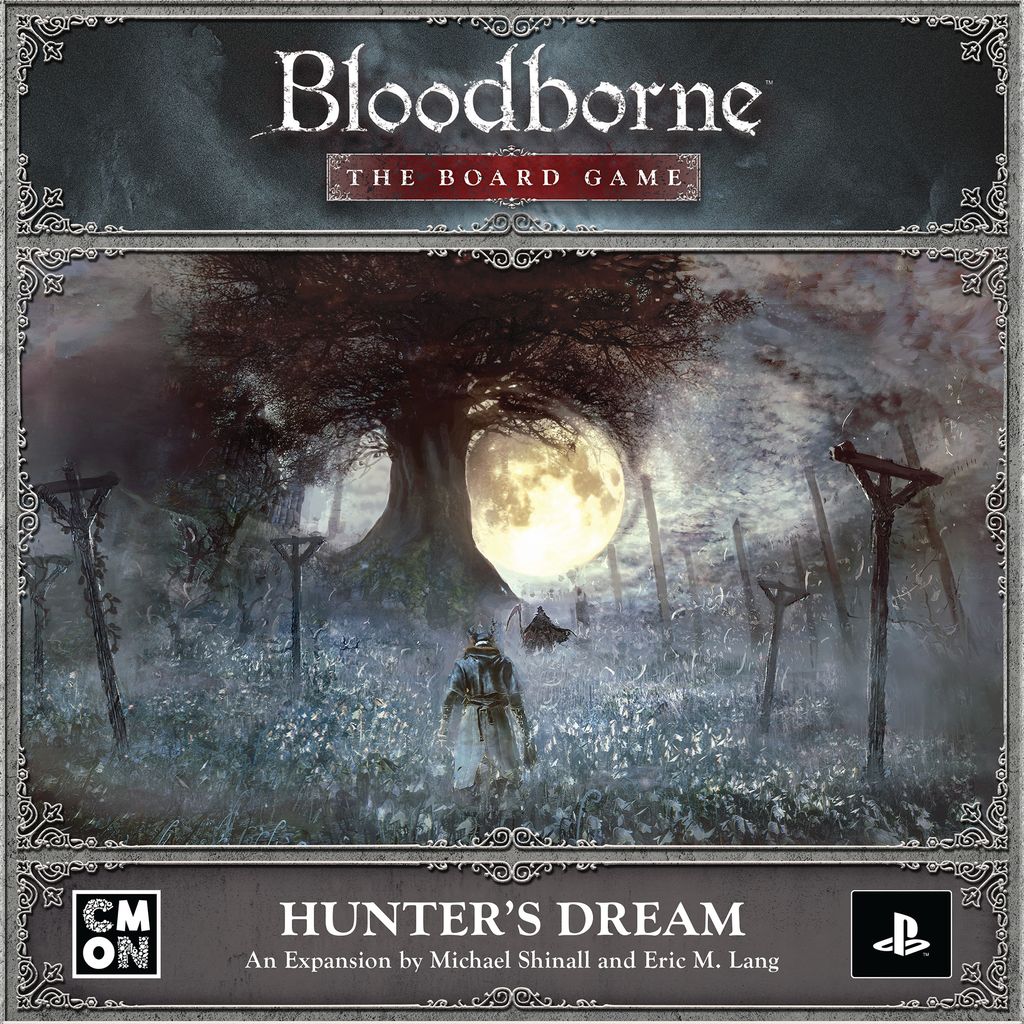 The cover of Bloodborne: The Board Game Hunter's Dream Expansion from Cool Mini Or Not features a lone hunter before a large tree under a full moon, with mist, crucifixes, and shadows of looming mini bosses in an eerie landscape.