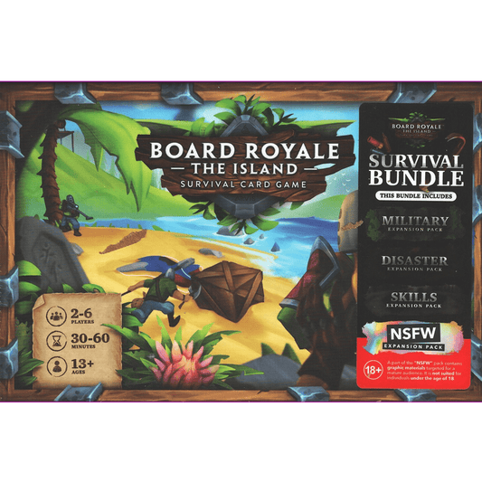 Box cover for Board Royale the Island Survival Bundle by Arvis Games, displaying cartoon characters on a tropical beach with crates. Includes Military, Disaster, Skills & NSFW expansions. For 2–6 players, ages 13+.
