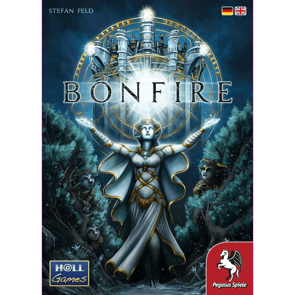 A mystical figure with glowing eyes stands under a magical orb, watched by guardians near a castle. "Bonfire" is displayed above. From Pegasus Spiele.