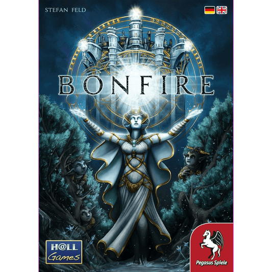 A mystical figure with glowing eyes stands under a magical orb, watched by guardians near a castle. "Bonfire" is displayed above. From Pegasus Spiele.