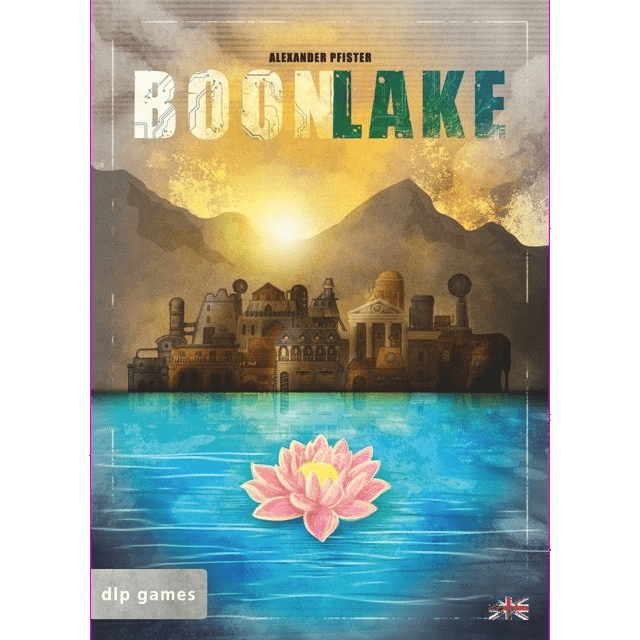 Cover of Boonlake by dlp features a cityscape, mountains, sunset, and a pink lotus on blue water in the foreground. The dlp logo appears at the bottom left, reflecting the expert strategy gameplay inside.