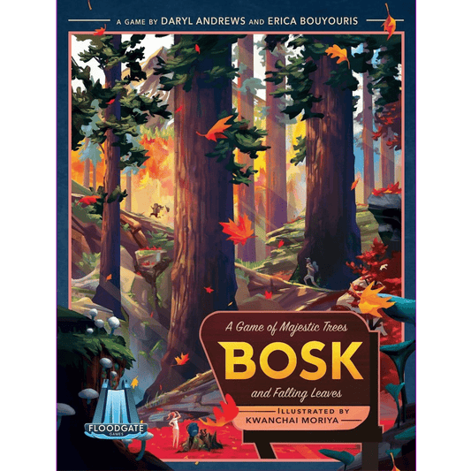 The Bosk board game by Floodgate Games features a vibrant forest cover with tall trees, sunlight streaming through leaves, and colorful autumn foliage. The title "Bosk" stands out in bold yellow letters on a wooden sign.