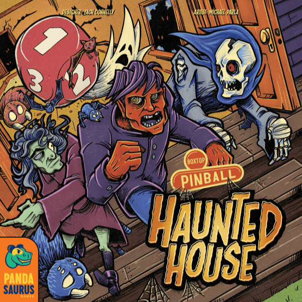 Illustration of three cartoon characters—a purple-skinned woman, an orange-skinned man, and a blue skeleton—fleeing a haunted house, just like in Boxtop Pinball: Haunted House from Pandasaurus Games. The bold title appears at the bottom.