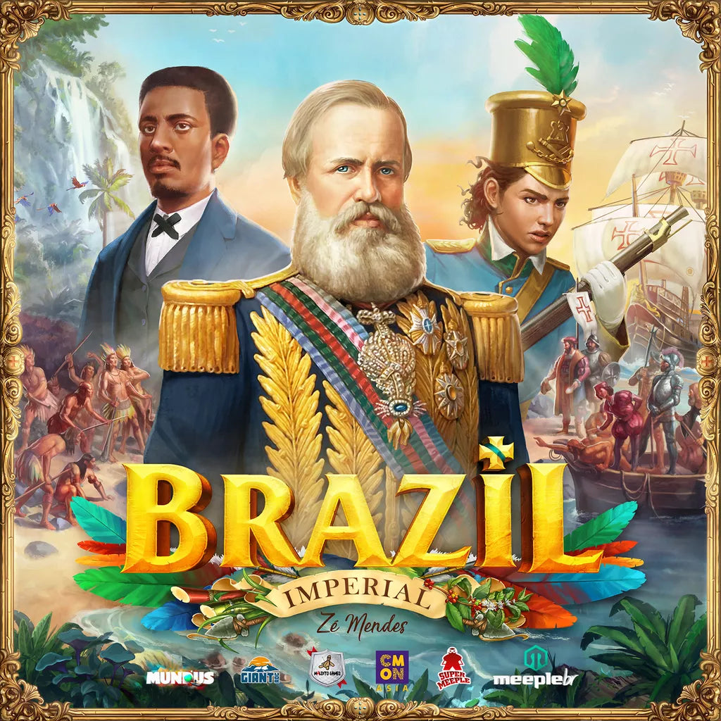 A decorated emperor stands center stage with a stern look, flanked by a suited man and a woman in military uniform, as ships, greenery, and a waterfall evoke the vibrant world of Brazil: Imperial by Portal Games.