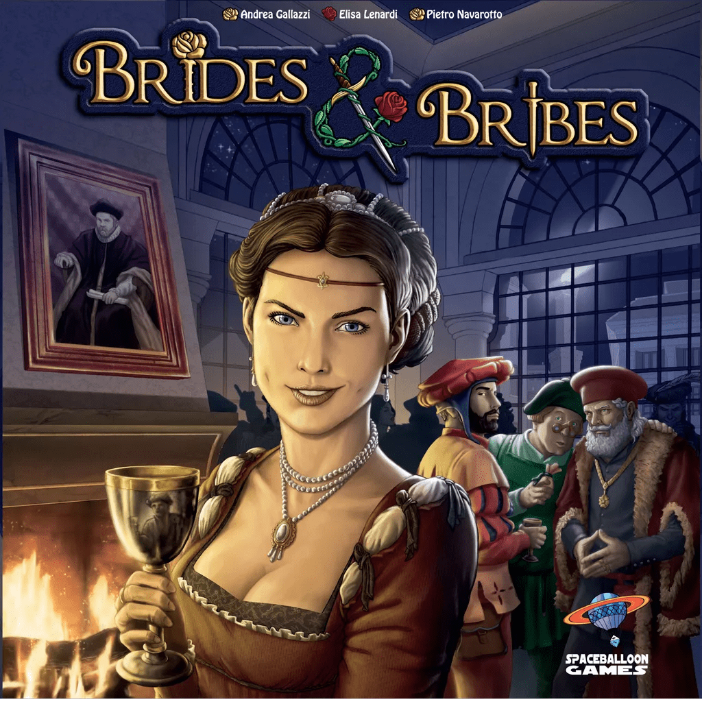 The cover of Brides & Bribes by Spaceballoon Games features a regal woman with a goblet, Renaissance-era figures in elegant attire, and a grand Genoa hall with arched windows in the background.