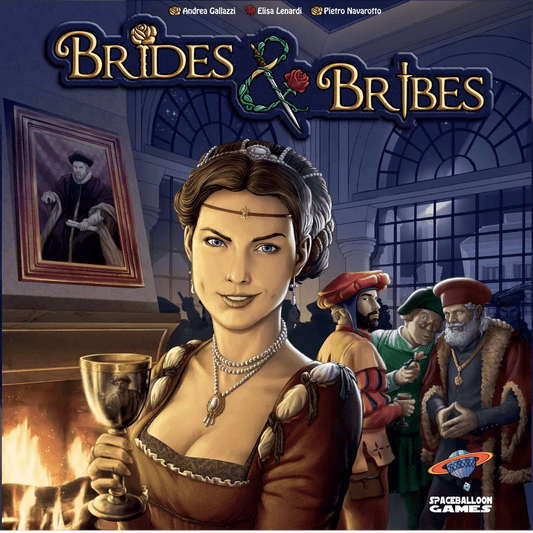 The cover of Brides & Bribes by Spaceballoon Games features a regal woman with a goblet, Renaissance-era figures in elegant attire, and a grand Genoa hall with arched windows in the background.