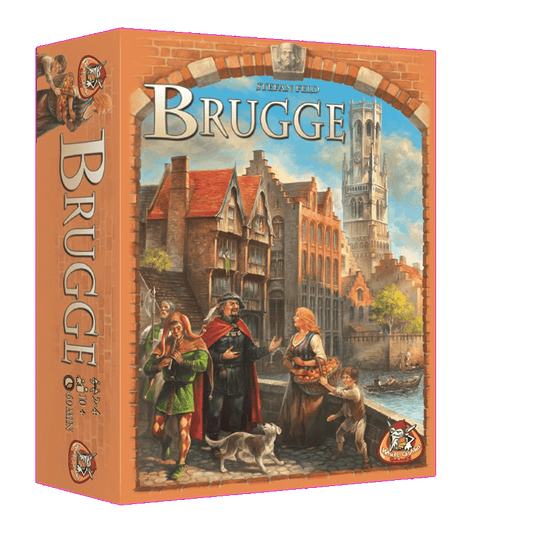 The Brugge NL box by White Goblin Games features medieval figures—two men, a woman, and a dog—beside a canal in the Belgian Hanseatic city, with historic buildings and a tall tower in the background.