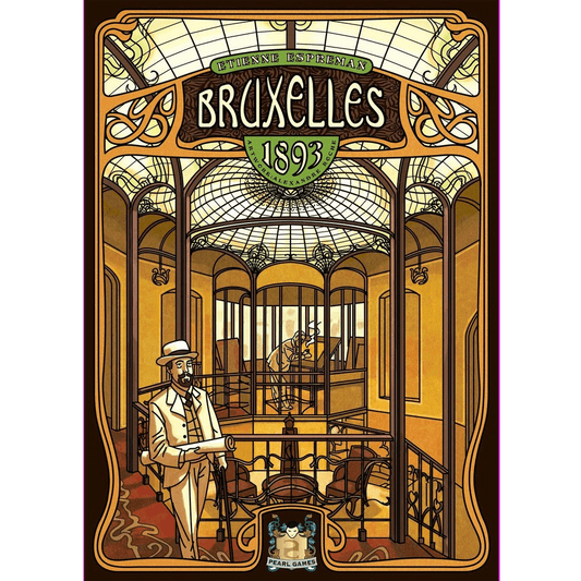 Art Nouveau-style illustration of a man in a suit and hat standing in an elegant building with stained-glass ceiling, capturing the spirit of Bruxelles 1893 by Pearl Games. Pearl Games logo is displayed at the bottom.