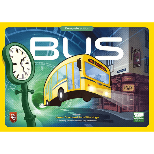 The Bus: Complete Edition box from Capstone Games features a yellow bus driving through a surreal cityscape with a green clock and pub, capturing the quirky public transport board game adventure.