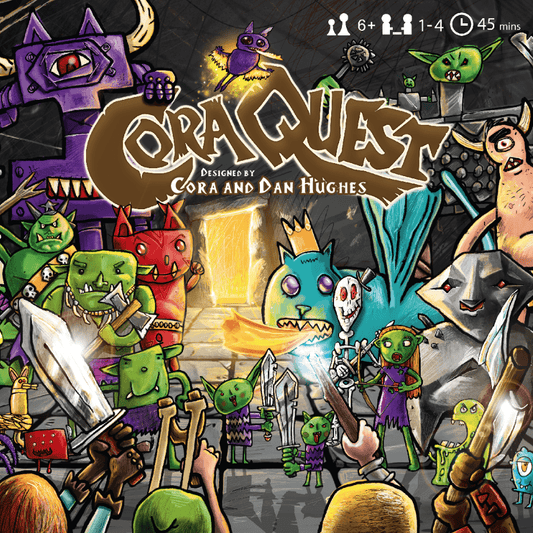 A group of colorful fantasy creatures, including goblins and monsters, gather armed in a dungeon under the title CoraQuest. From Bright Eyes Games, this playful cover hints at a co-operative family dungeon adventure.
