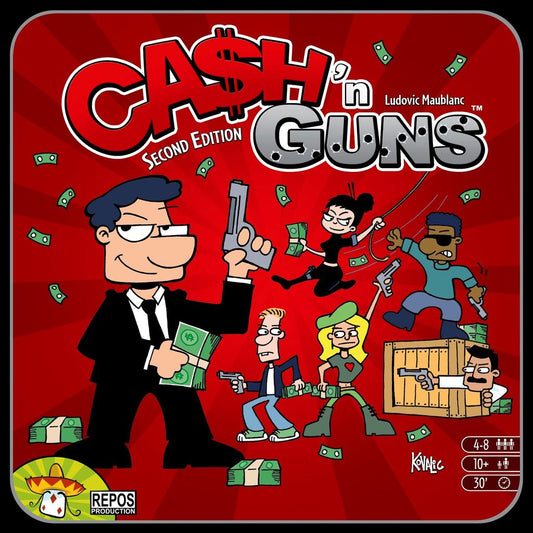Illustrated game box cover for Ca$h 'n Guns (Second Edition) by Repos, showing cartoon gangsters on a bold red background with foam guns and flying cash; the central figure in a suit holds both gun and money, surrounded by others in action poses.