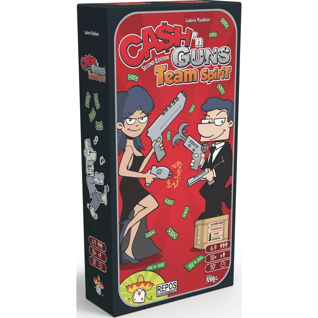 The Repos Ca$h 'n Guns (Second Edition) Team Spirit Expansion game box features cartoon characters in suits with toy guns and loot, money flying around. For ages 10+, 4–8 players, plays in 30+ minutes.