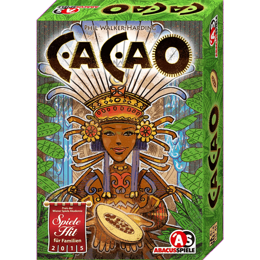 Box cover of Cacao EN/DE by Abacus Spiele, a tile-placement game. Features an illustrated woman in traditional dress holding a cacao pod amid lush green leaves and patterns, with the title "Cacao" at the top.