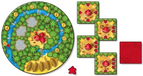 The Cacao NL board game by White Goblin Games includes a round board with a river, huts, and numbered spaces, plus four square tiles with red huts and yellow paths—ideal for tile-placement game fans.