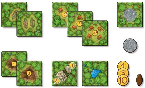 Cacao NL by White Goblin Games includes illustrated square tiles with jungle scenes, ruins, numbered huts, and ponds, plus a round silver token, a brown jug, and three yellow coins valued at 1, 5, and 10.