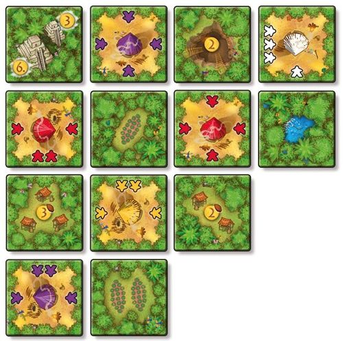 Cacao NL by White Goblin Games includes 12 illustrated board game tiles showcasing temples, huts, forests, ponds, and arrows in red, yellow, or white—each tile uniquely arranged for engaging tile placement gameplay.