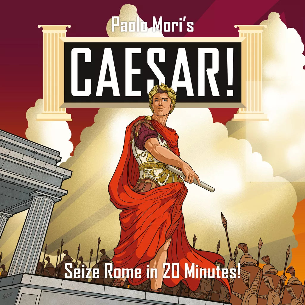 Illustration of a Roman leader in armor and red cloak holding a baton before columns and soldiers. Text: “Caesar!: Seize Rome in 20 Minutes! by PSC Games – Fast-paced strategy board game set in the Roman Republic.”.
