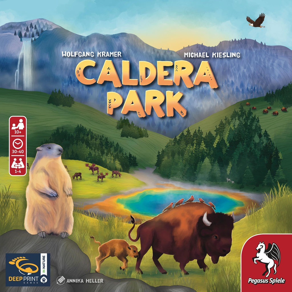 Caldera Park by Pegasus Spiele features a board game cover with a bison, marmot, fox, and deer in a meadow, vibrant geothermal pool, pine trees, mountains, waterfall, and birds—an engaging family strategy animal habitat game.