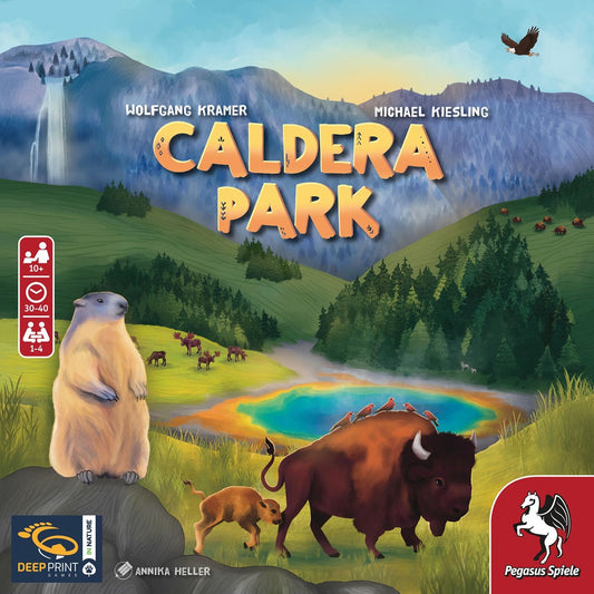 Caldera Park by Pegasus Spiele features a board game cover with a bison, marmot, fox, and deer in a meadow, vibrant geothermal pool, pine trees, mountains, waterfall, and birds—an engaging family strategy animal habitat game.
