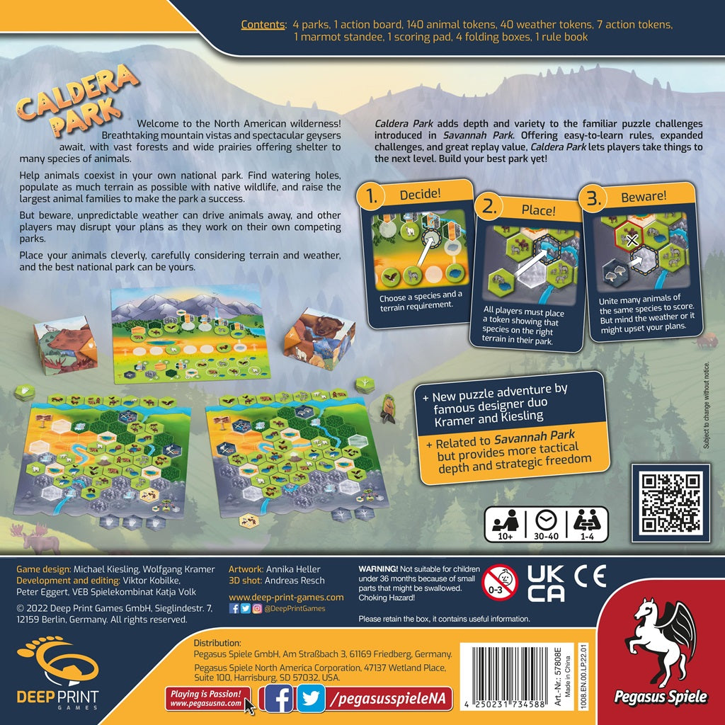 The back of the Caldera Park box from Pegasus Spiele shows colorful images, icons for 1-4 players, publisher logos, a QR code, social media links, and text describing this strategy game’s family-friendly theme and gameplay.
