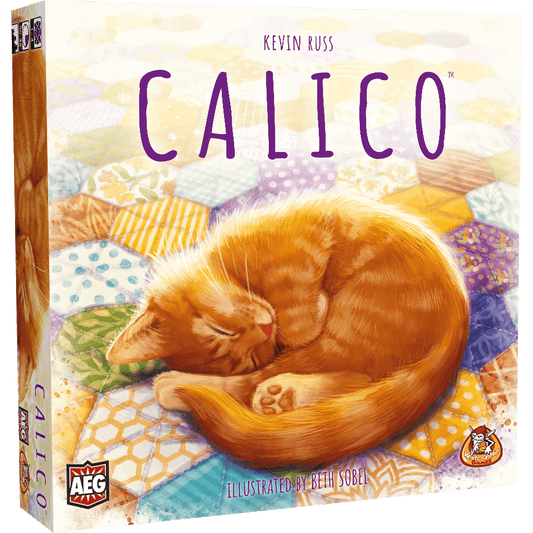 The Calico NL board game box by White Goblin Games shows an illustrated orange cat sleeping on a colorful quilt, with the title "Calico" in large purple letters above the cat.