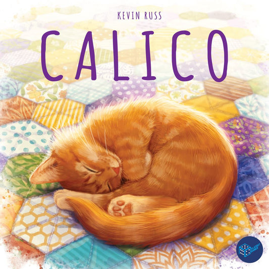 A curled up orange tabby cat sleeps on a colorful patchwork quilt, with "Calico" in large purple letters above. Kevin Russ and the Alderac Entertainment Group logo appear at the top and bottom corners, evoking the cozy charm of this quilt board game.