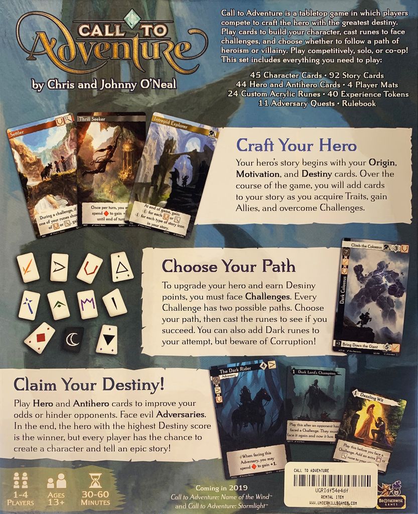 The image displays the back of Brotherwise Games' Call to Adventure box, highlighting fantasy-themed art, section headers, cards, tokens, and the game's distinct rune rolling system along with details on its objectives and included components.