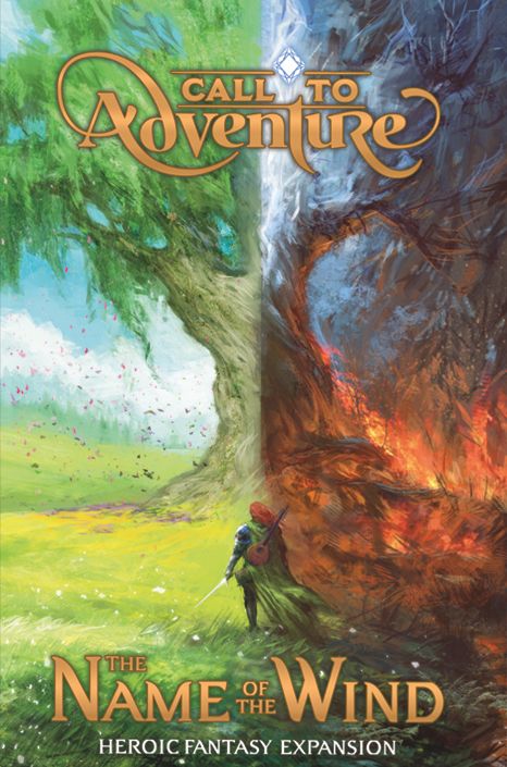 A fantasy game cover shows a lone adventurer between lush trees and a fiery forest. The title reads “Call to Adventure: Name of the Wind Expansion” by Brotherwise Games, inspired by the Kingkiller Chronicle universe.