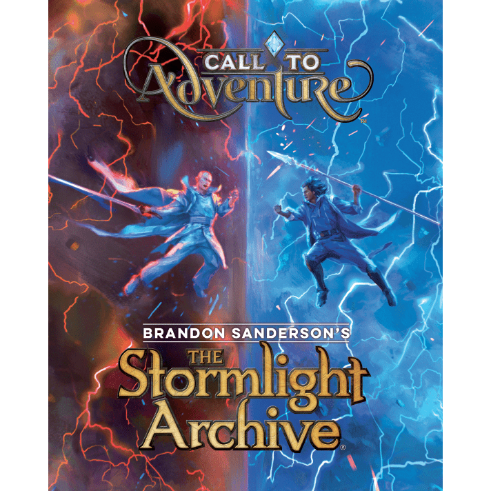 The cover art for Brotherwise Games’ Call to Adventure: Stormlight Archive shows two sword-wielding figures—one red, one blue—with lightning, separated by a jagged luminous line.