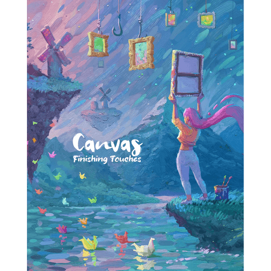 A woman with pink hair stands by a lake, holding an empty frame to the sky as floating frames, origami cranes, and windmills evoke the artistry of Canvas: Finishing Touches Expansion from Road To Infamy Games (R2i Games).
