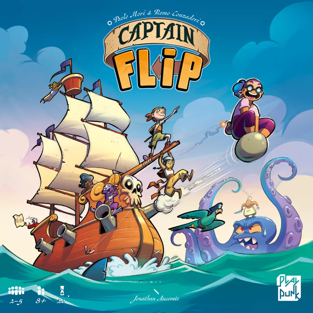 The Captain Flip Bundle by PlayPunk features a vibrant cover with pirates on a wooden ship, a woman riding a cannonball, flying birds, and the Kraken Expansion with a squid monster emerging from the sea.