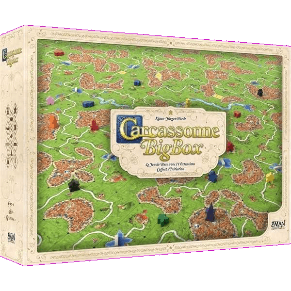 The Carcassonne Big Box English Edition 2022 by Z-Man Games features a cover with fields, cities, roads, rivers, and game pieces, showcasing the base game and expansions. The title appears prominently at the center of the box.