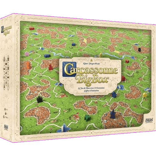 The Carcassonne Big Box English Edition 2022 by Z-Man Games features a cover with fields, cities, roads, rivers, and game pieces, showcasing the base game and expansions. The title appears prominently at the center of the box.