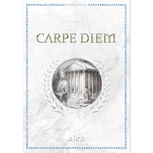 The Carpe Diem EN/DE/FR/NL/IT/ES board game's cover by Alea displays grayscale Roman-inspired art with a statue, laurel wreath, classical building, gold title at the top, and the Alea logo beneath, reflecting its strategic gameplay.