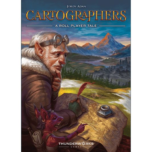An elderly elf with goggles studies a map, quill in hand, as a small purple creature watches. Mountains, forests, and a distant city fill the sky. “Cartographers: A Roll Player Tale” by Thunderworks is an engaging cartographer board game adventure.