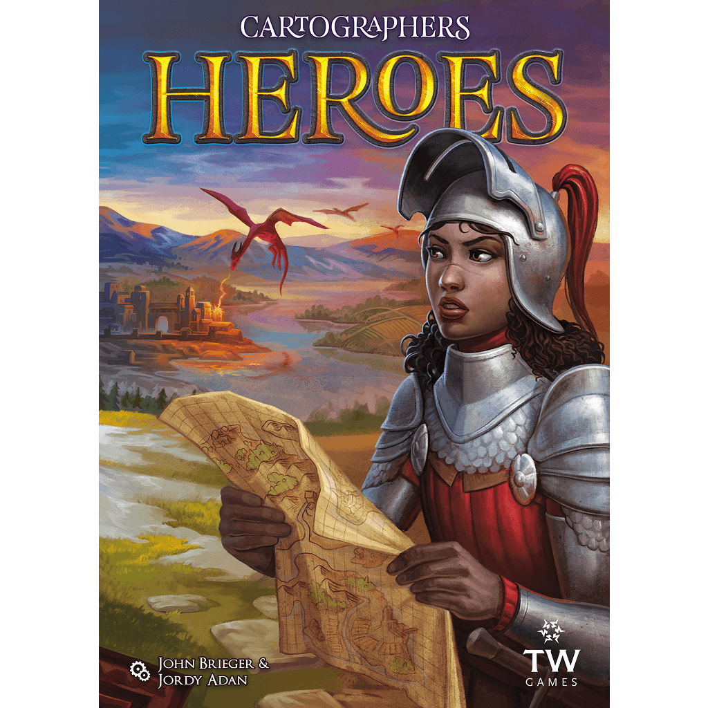 A woman in medieval armor studies a map before a fantasy landscape with red dragons flying behind her. The title "Cartographers Heroes" from Thunderworks is at the top, with game creator credits at the bottom.
