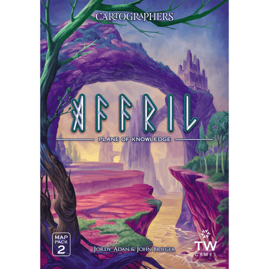 A vibrant fantasy landscape with purple stone islands, a tree, and a stone arch appears on the cover of Cartographers Map Pack 2: Affril – Plane of Knowledge by Thunderworks, featuring map sheets and branding.