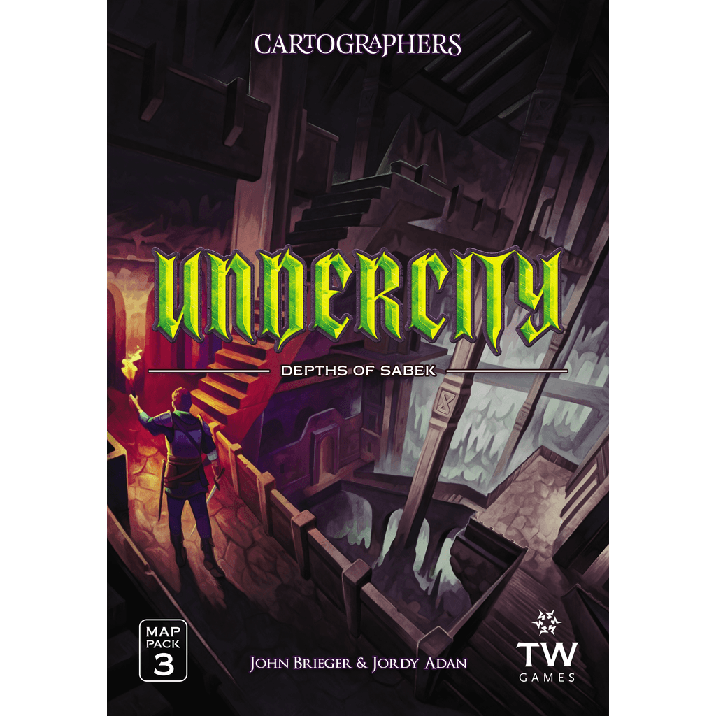 A fantasy game box by Thunderworks shows a sword-wielder near glowing red stairs in a dark cavern. The bold green title, Cartographers Map Pack 3: Undercity – Depths of Sabek, hints at mysterious map sheets inside.