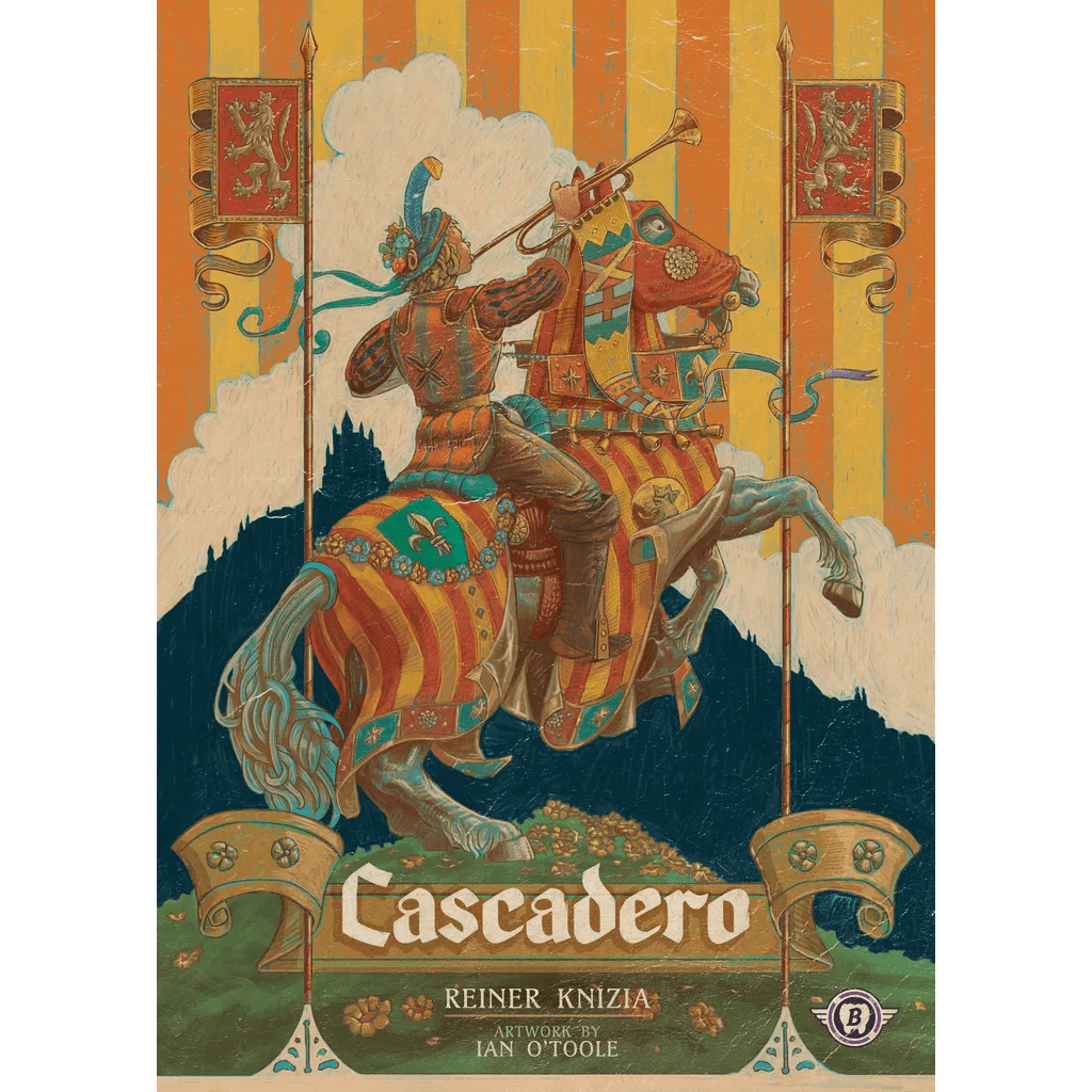 A vibrant illustration shows a medieval knight on an armored horse blowing a horn, with a gold-orange striped background and dark blue castle silhouette. Text: Cascadero, the tile placement strategy game by Bitewing Games.