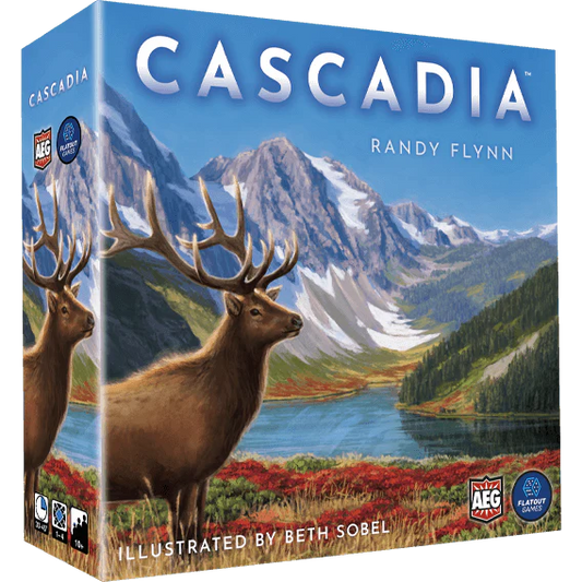 The Cascadia board game by Alderac Entertainment Group features an elk in a vibrant landscape with mountains, lake, and pine trees. This tile-laying game celebrates Pacific Northwest wildlife.