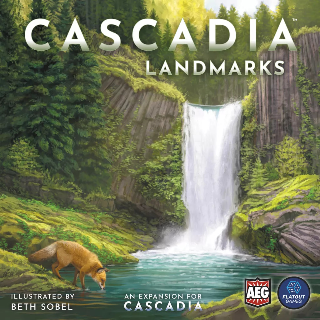 A fox drinks from a pool beneath a tall waterfall in a vibrant forest, sunlight streaming through evergreens. This scene graces the cover of Cascadia: Landmarks Expansion by Alderac Entertainment Group, featuring new habitat tiles and adventures.
