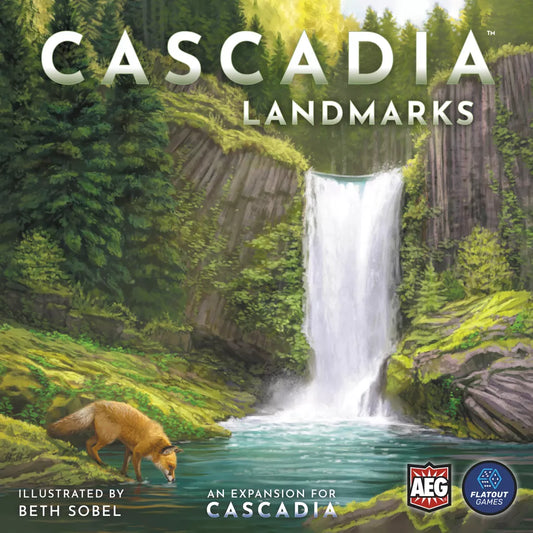 A fox drinks from a pool beneath a tall waterfall in a vibrant forest, sunlight streaming through evergreens. This scene graces the cover of Cascadia: Landmarks Expansion by Alderac Entertainment Group, featuring new habitat tiles and adventures.