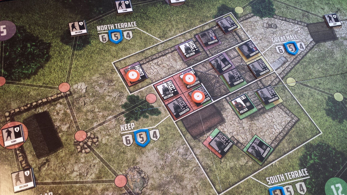 A close-up of the Castle Itter board from Dan Verssen Games (DVG) shows a medieval castle layout with labeled areas, colored tokens, and character cards marking the North Terrace, Keep, Great Hall, and South Terrace.