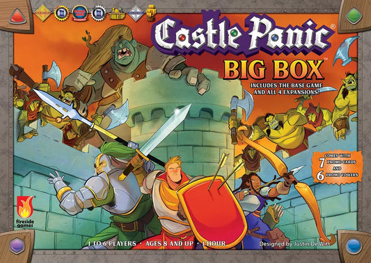 Illustration of knights defending a castle from goblins and orcs. Castle Panic: Big Box (Second Edition) by Fireside Games is a cooperative tower defense board game with the base game, four expansions, and exclusive promos included.
