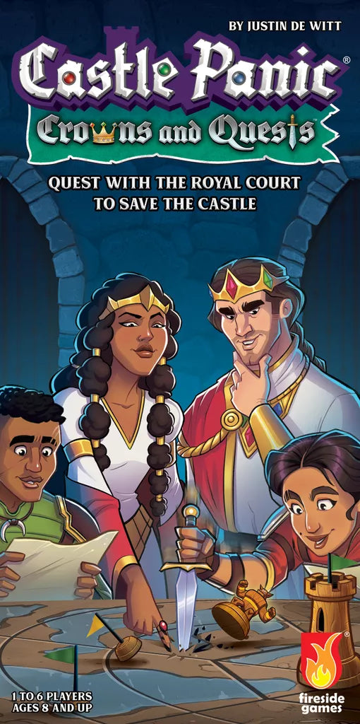 Four medieval figures—a queen, king, scholar, and rogue—gather over maps as the king points with a dagger. Text: “Castle Panic: Crowns and Quests Expansion by Fireside Games.”.