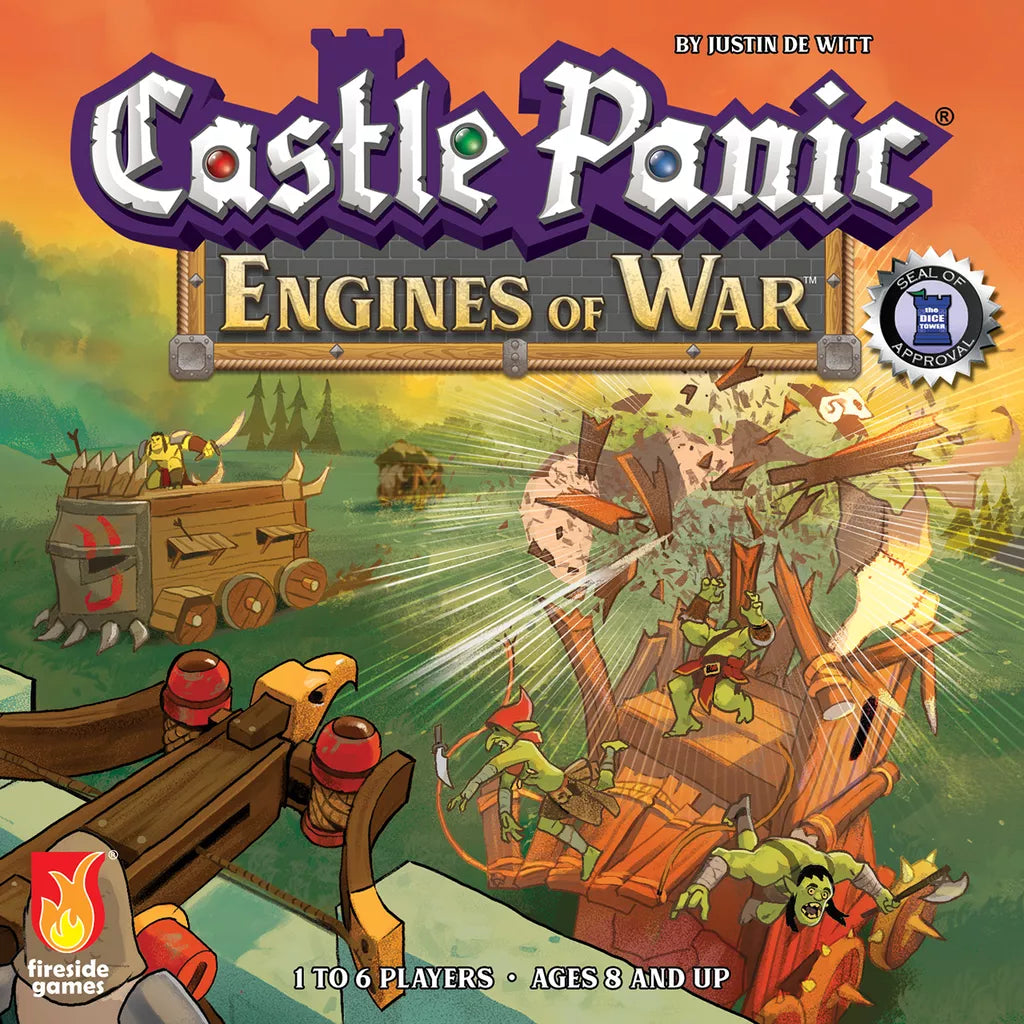Illustration of a wooden castle besieged by orcs and war machines, debris flying from catapult impact. The Castle Panic: Engines of War Expansion (Second Edition) by Fireside Games title stands boldly above this dramatic scene.