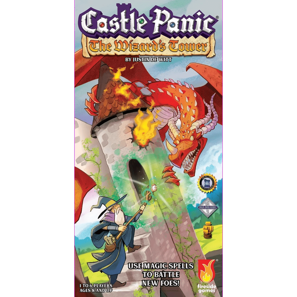 The box for Castle Panic: The Wizard’s Tower Expansion (Second Edition) by Fireside Games features a wizard casting a spell at a red dragon attacking a stone tower, highlighting the cooperative expansion's vivid fantasy art.