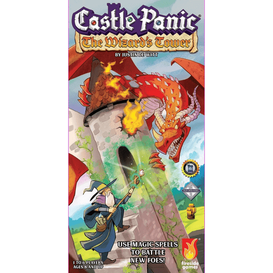 The box for Castle Panic: The Wizard’s Tower Expansion (Second Edition) by Fireside Games features a wizard casting a spell at a red dragon attacking a stone tower, highlighting the cooperative expansion's vivid fantasy art.