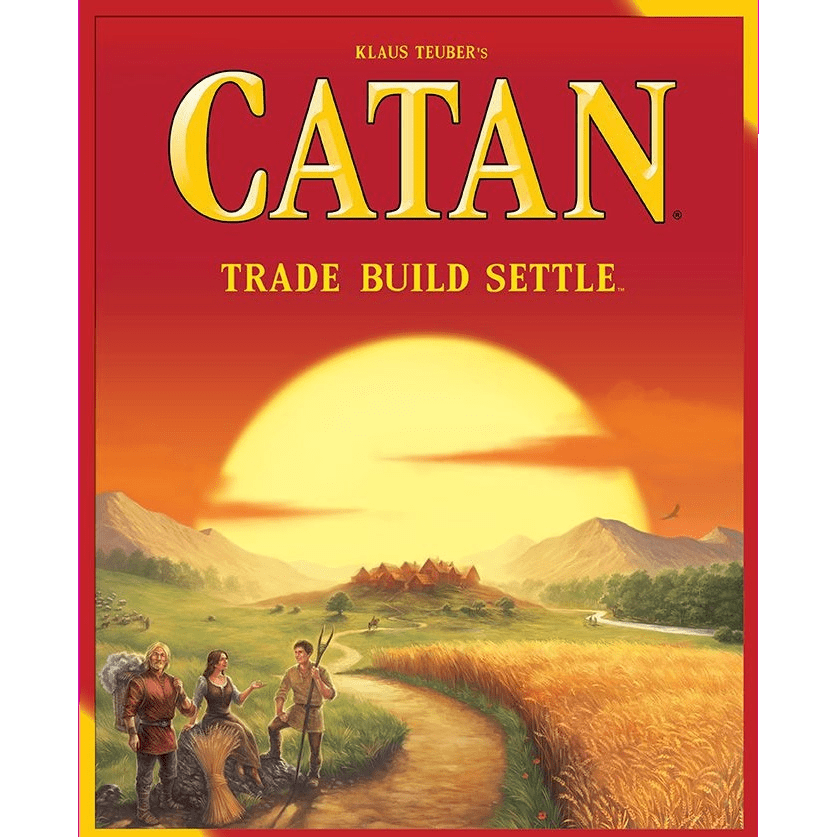 The cover of Catan by Catan Studio shows a large yellow sun setting over fields and a village, with three people in the foreground holding wheat and tools, reflecting the game’s Trade Build Settle resource management theme.